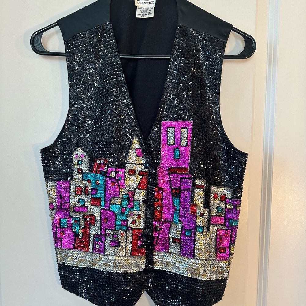 Vintage RARE Halsey Colorful Sequin Black City Scene Scape Sparkling Vest, M/L